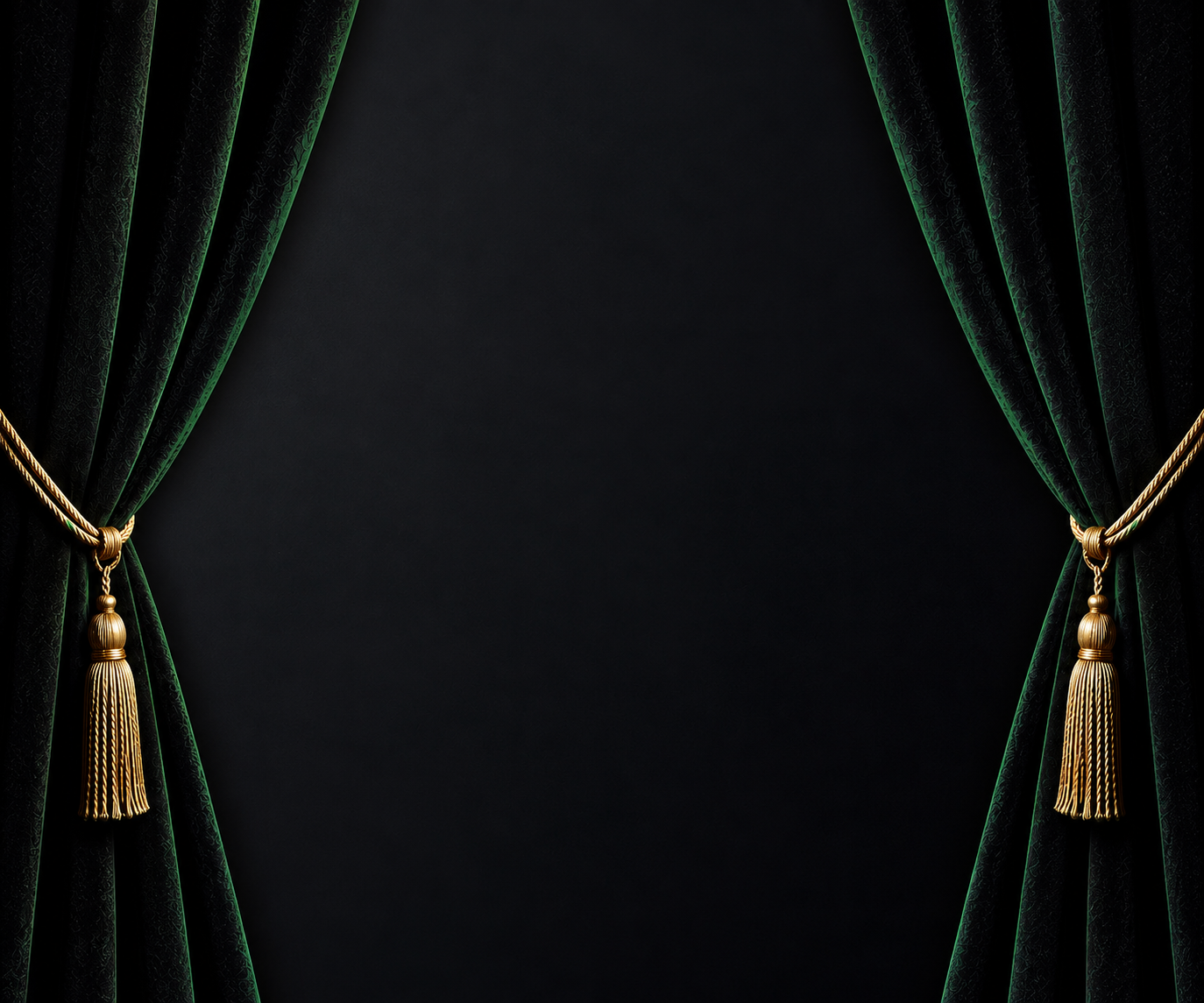 Dark emerald theater curtains with gold tiebacks opening onto a black stage