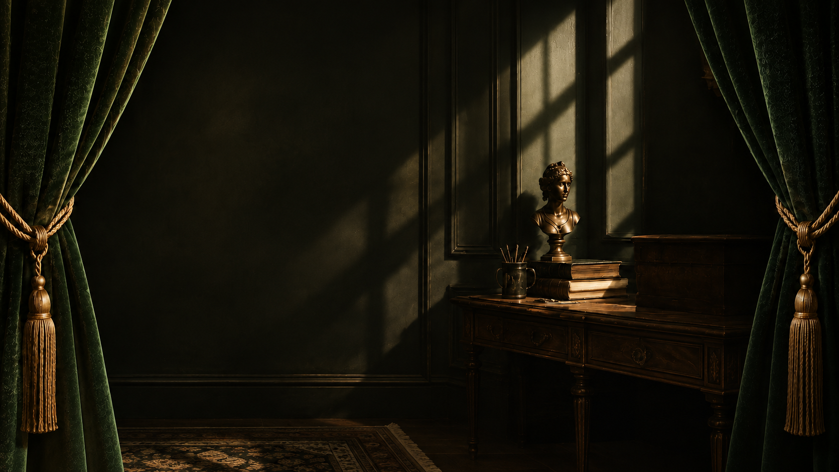 Sunlight falling across a study desk with a bronze bust and stacked books