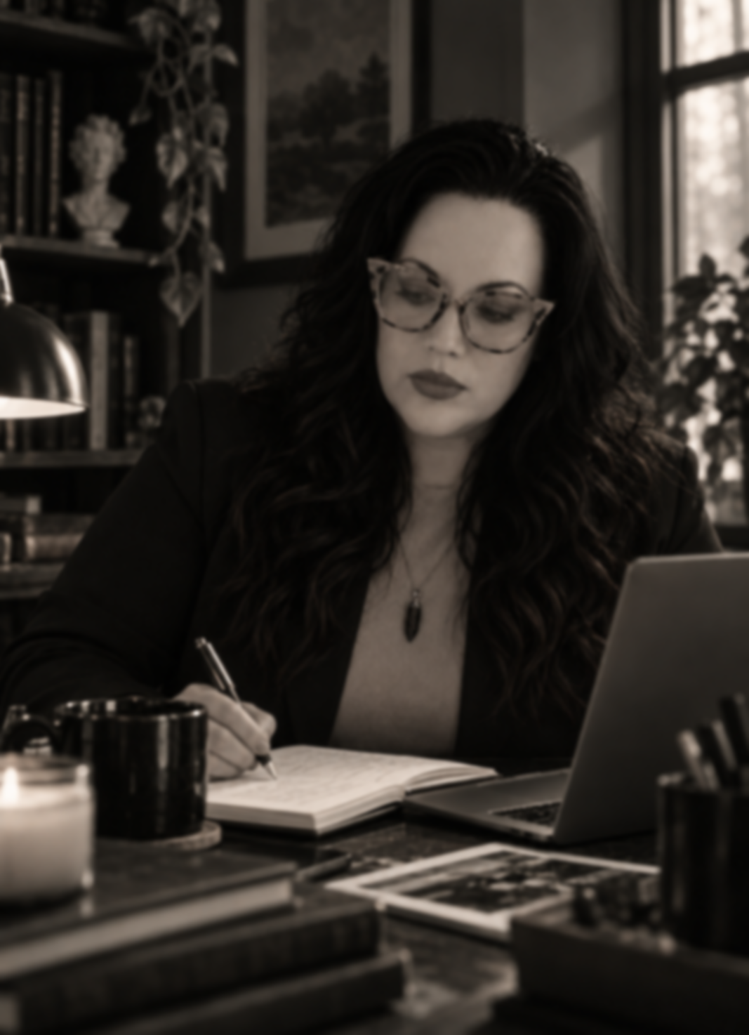 Jillian Miller working at her desk with printed marketing pieces