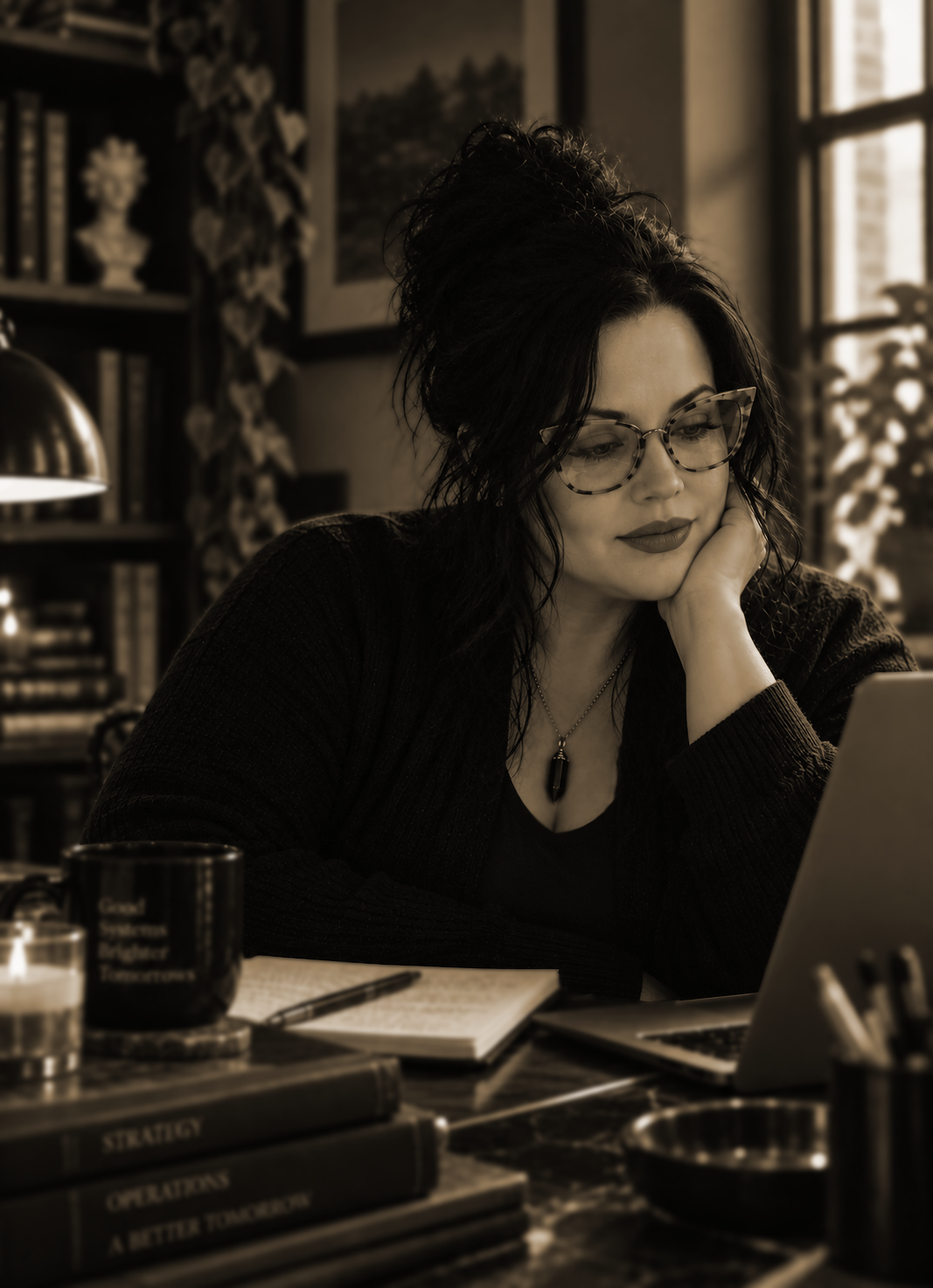 Jillian Miller working thoughtfully at her desk